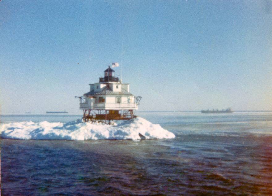 Thomas Point Shoal Lighthouse “encased” in ice. Notice the merchant ships in the background. 