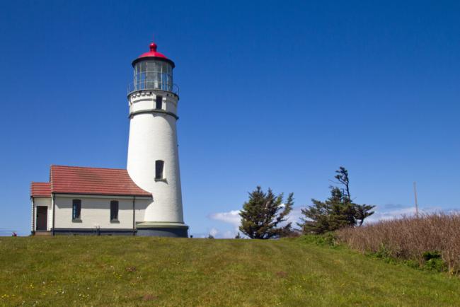 Cape Blanco lighthouse with a bright blue sky
